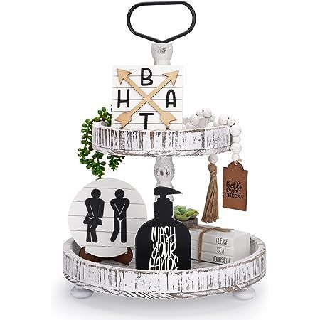 https://amzn.to/3KwrwCm Bathroom Tiered Tray Decor, Wooden Tray Decor, Bathroom Tiered Tray, Farmhouse Tiered Tray Decor, Bathroom Decor Themes, Guest Bathroom Decor, Farmhouse Tiered Tray, Bathroom Shelf Decor, Restroom Decor