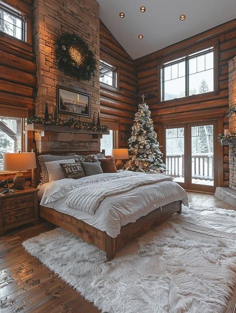 Log Houses Cozy Winter Cabin Bedroom, Christmas In Cabin, Bedroom With Christmas Tree, Christmas Lodge Aesthetic, Christmas In A Cabin, Log Home Christmas, Winter House Interior, Winter Cabin Interior, Winter Mansion