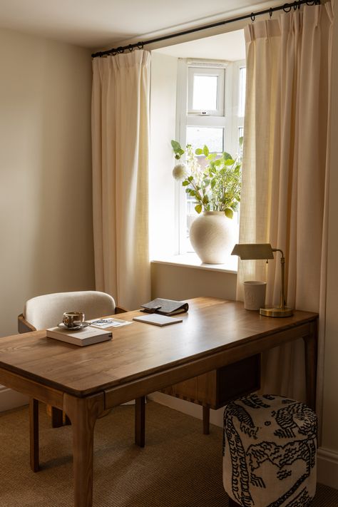 Six the Residence Timber Desk with Drawers styled in a British home office. Paired with Curved Walnut Dining Chair and Tiger mountain Pouffe. Reformer Studio, Walnut Desk Office, Timber Desk, Tiger Mountain, Curved Desk, Walnut Dining Chair, Neutral Furniture, London Townhouse, British Home