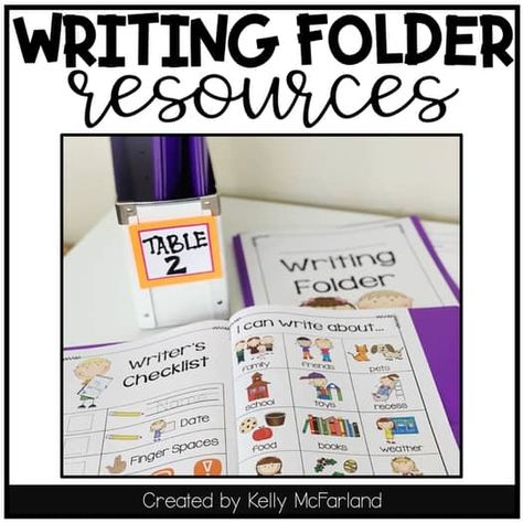 Writing Folder Resources by Kelly McFarland from Engaging Littles Writers Checklist, Student Writing Folders, Digraphs Chart, Kindergarten Goals, Personal Word Wall, Writing Folders, School Date, Alphabet Chart, Blends And Digraphs