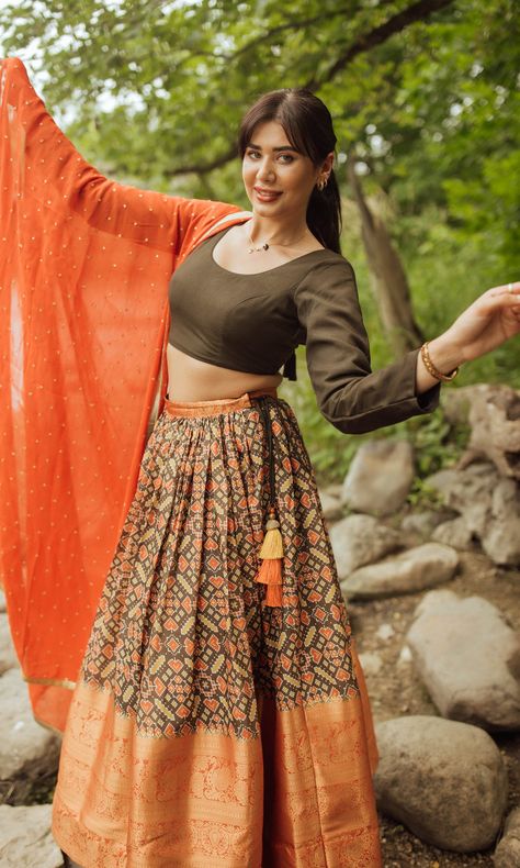 Patola Lehenga, Chaniya Choli Wedding, Patola Print, Print Lehenga, Drape Sarees, Body Measurement Chart, Designer Lehengas, Lehenga Designs Simple, Orange Print