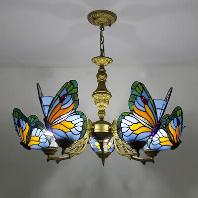 Luxury Pendant Lamp Tiffany Style Stained Glass Shade Butterfly fixture Vintage | eBay Blue Stained Glass Patterns, Tiffany Lamps Living Room Decor, Stained Glass Keychain, Butterfly Kitchen Decor Ideas, Stained Glass Ceiling Light, Light Fixture, Stained Glass Chandelier Dining Rooms, Tiffany Ceiling Lamp, Stained Glass Ceiling Lamp