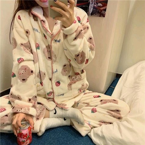 Pajama Winter, Korean Pajamas, Kawaii Pajamas, Long Teddy Coat, Pajamas Aesthetic, Mode Ulzzang, Strawberry Bear, Cute Pjs, Pajama Fashion