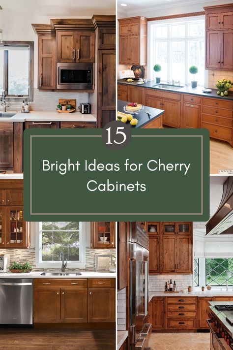 Is your kitchen feeling a bit gloomy with those cherry cabinets? You're not alone! Discover these 15 wonderful ways to brighten up your kitchen while keeping those beloved cherry cabinets. From painting techniques to clever lighting tips, explore creative ideas that bring warmth and freshness into your space. You’ll learn how to ensure your kitchen feels both inviting and cheerful without totally replacing your cabinets. Get inspired to transform your kitchen into a brighter gathering spot for family and friends! Kitchen Wall Tiles Brown Cabinets, Cherry Kitchen Cabinets Update, Cherry Cabinets With Light Floors, White Backsplash Cherry Cabinets, Kitchen Decorating Ideas Brown Cabinets, Kitchen Inspo Brown Cabinets, Cherrywood Cabinet Kitchen Modern, Cherry Wood Kitchen Cabinets Gray Walls, Updated Cherry Kitchen