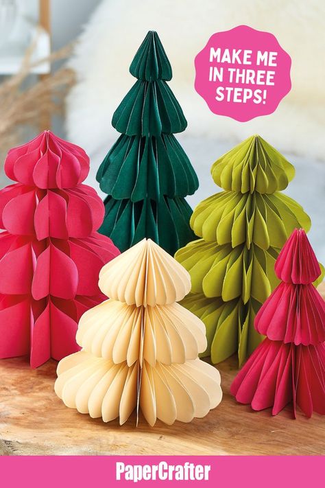 Learn how to make honeycomb Christmas trees on a budget with Corinne Bradd’s incredible project 🎄 Paper Christmas Tree Pattern, Honeycomb Tree Ornament, Christmas Ornament Paper Craft, Paper Accordian Christmas Trees Diy, Diy Paper Honeycomb Christmas Tree, Honeycomb Paper Christmas Tree, Paper Christmas Tree Ornaments Diy, Honeycomb Tree Diy, Cricut Christmas Trees