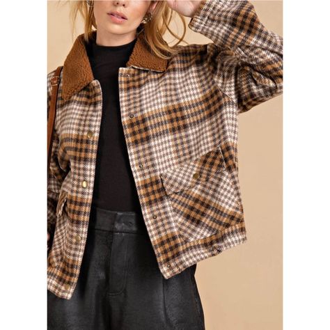 Brown Plaid Flap Pocket Lightweight Jacket Snap Buttons Sherpa Collar New Boutique Item Tags- Fall Winter Plaid Boho Coastal Preppy Indie Skater Grunge Streetwear Plaid Jacket Aesthetic, Spitfire Chic, Plaid Jacket Outfit, Plaid Blazer Outfit, Preppy Indie, Coastal Preppy, Aztec Jacket, Indie Skater, Winter Plaid