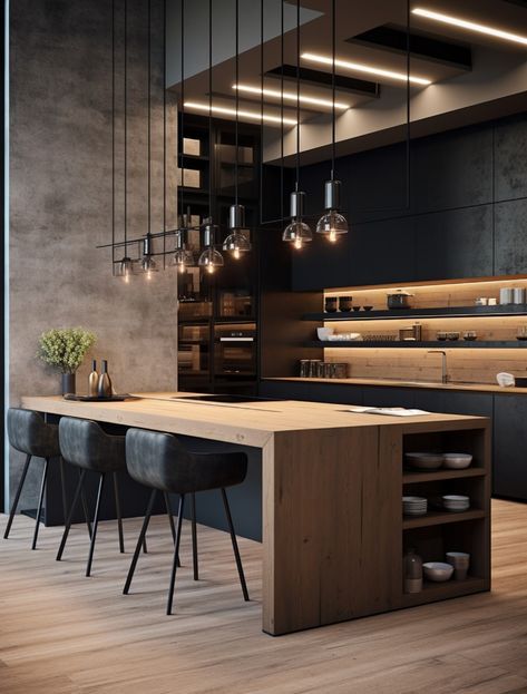 Kitchen Wallpaper Design, Modern Kitchen Design Trends, Black Modern Kitchen, Modern Industrial Interior, Industrial Kitchen Design, Modern Kitchen Interiors, Industrial Interior Design, Kitchen Design Trends, Kitchen Inspiration Design