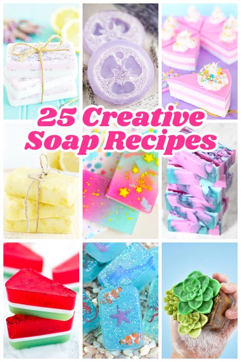 Creative soap recipe ideas - everything from soap bars, to fruit shapes, and soaps for kids. Loofah Soap Diy, Diy Soap Bars, Mp Soap, Goats Milk Soap Base, Easy Soap Recipes, Dessert Soap, Diy Soap Recipe, Soap Melt And Pour, Handmade Soap Recipes