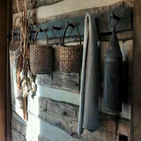 Country Cabinet, Primitive Interiors, Peg Boards, Primitive Cupboards, Primitive House, Peg Rack, Log Cabin Interior, Shaker Pegs, Old Baskets