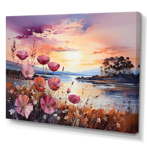 Metal Wall Art Living Room, Floral Metal Wall Art, Purple Wildflowers, Red Art Print, Sunset Wall Art, Sunset Canvas, Mural Floral, Canvas Designs, Picture Frame Wall