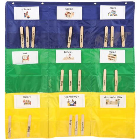 Center Storage Pocket Chart Classroom Duties, Center Chart, Pre K Ideas, Chart Ideas, Pocket Chart, Clear Card, Fabric Storage, Early Learning, Teaching Ideas