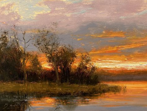 Fiery Reflections 6x8 Oil on Panel $750 by Paul Batch Landscape Paintings By Famous Artists, Old Art Aesthetic, University Of Hartford, Cottagecore Painting, Rising Moon, Moody Painting, Hyatt Hotel, Acrylic Art Projects, Sunrise Art