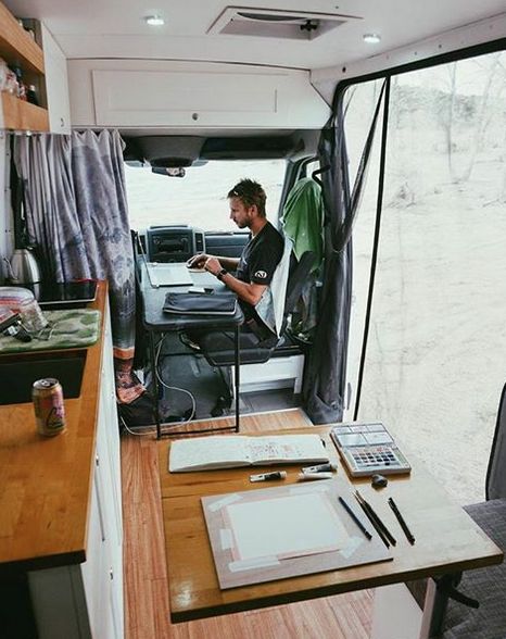 Van Office, Vw Buzz, Van Life Blog, Office With A View, Campervan Bed, Lake House Food, Minivan Camping, Lake House Food Ideas, Kombi Home