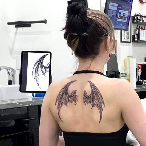 Succubus Wings Back Tattoo, Back Tattoo Women Goth, Skeletal Bat Tattoo, Collarbone And Chest Tattoo, Gothic Wings Back Tattoo, Gothic Lower Back Tattoo, Goth Wings Tattoo, Witchy Shoulder Tattoo, Feminine Bat Tattoo