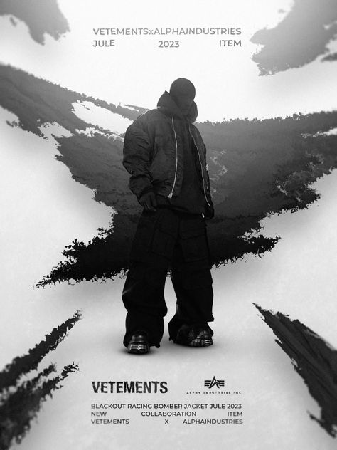 Developed a poster for the VETEMENTS x ALPHAINDUSTRIES collaboration SUPPORT 🙏 Streetwear Fashion Poster, Poster Clothing Brand, Collaboration Poster Design, Brand Collaboration Design, Fashion Poster Design Graphics, Photo Poster Ideas, Aesthetic Poster Design, Collaboration Poster, Clothing Poster