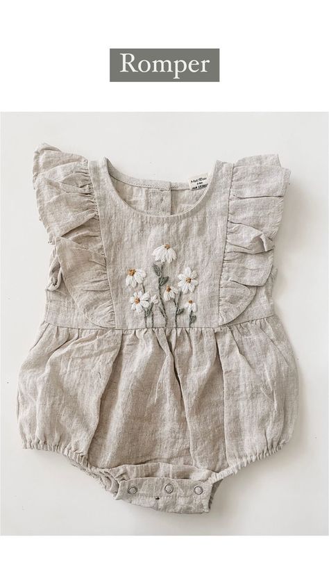 threadunraveled on Instagram: the sweetest little outfit 🤍 The linen romper is from @maliwear.co and I added some embroidered flowers using my “Little Daisies”… Baby Linen Clothes, Embroidery Baby Clothes, Kids Designer Outfits, Boho Baby Girl Clothes, Embroidery Sweaters, Embroidered Baby Clothes, Bebe Clothing, Embroidered Romper