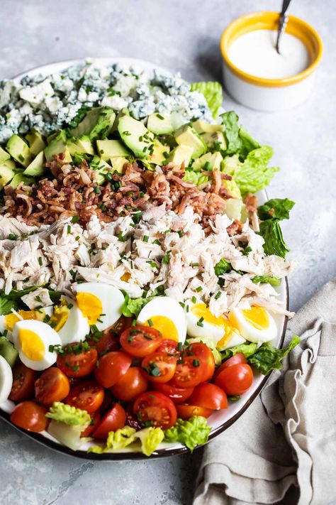 A cobb salad composed on a platter. Composed Salad, Cobb Salad Ingredients, Creamy Balsamic Vinaigrette, Cobb Salad Recipe, Salads Recipes, Healthy Mexican, Grape Salad, Ambrosia Salad, Salad Recipes For Dinner