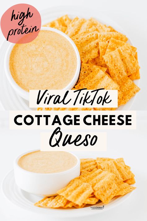 Viral TikTok Cottage Cheese Queso recipe is a high protein, low calorie snack made with just 3 ingredients. This healthy dip can be made in 5 minutes. Serve it with raw vegetables like mini sweet peppers, cucumber, celery, carrot chips or baby carrots, cauliflower, broccoli, and more! It’s also perfect with tortilla chips or protein chips for a more traditional chips and queso vibe. Healthy cottage cheese recipe from @lowcalicious - visit lowcalicious.com for more delicious low calorie recipes. Low Cal Queso, Cottage Cheese Nutter Butter Dip, Low Calorie Chip Dip, Sauces Made With Cottage Cheese, Hot Honey Cottage Cheese Chips, Quick Low Calorie Snacks, Low Calorie Dips For Chips, Low Calorie Grilled Cheese, Cottage Cheese Rotel Dip