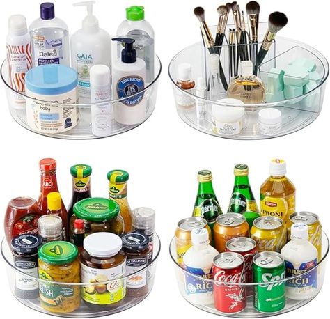 Set of four Lazy Susan's organize your skincare, condiments, seasoning, and office. #Amazonassociate #primebigdeal Turntable Organizer, Pantry Countertop, Lazy Susan Organization, Cabinet Pantry, Lazy Susan Turntable, Pantry Organizers, Kitchen Vanity, Toy Display, Organization Storage