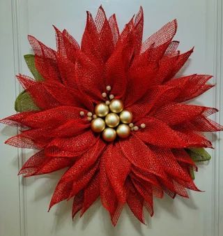 YarisTouch - Etsy Poinsettia Wreath Tutorial, Patriotic Flowers, Red Gold Christmas, Christmas Door Decor, Burlap Flower Wreaths, Box For Storage, Holiday Wreaths Diy, Poinsettia Wreath, Ribbon Crafts Diy