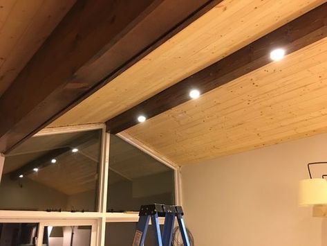 Faux Beam Ceiling, Install Ceiling Light, Exposed Basement Ceiling, Basement Ceiling Painted, Light Green Bedrooms, Faux Ceiling Beams, Exposed Beams Ceiling, Bathroom Recessed Lighting, Beam Ceiling