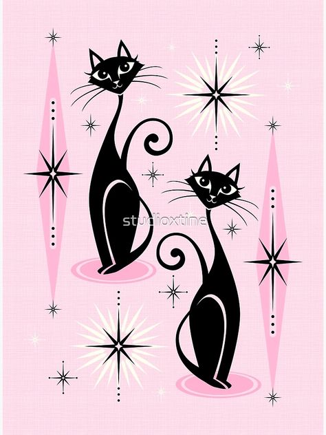 "Mid Century Meow on Pink" Poster for Sale by studioxtine | Redbubble Black Cat Pink Aesthetic, Atomic Cat, Mid Century Modern Art Cat, Playful Pink Cat Design Jewelry, Atomic Cat Mid Century, Miss Fluff, Pink Art Print, Pink Posters, Cat Fashion