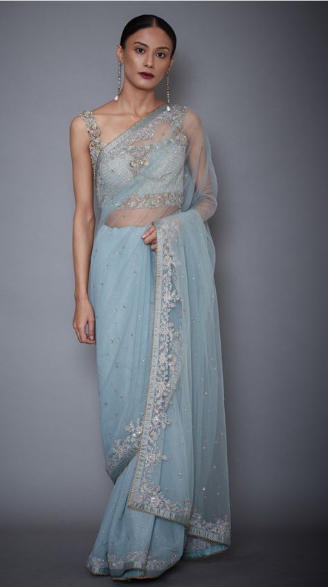 Powder Blue Saree, Blue Net Saree, Net Saree Designs, Sangeet Lehenga, Farewell Sarees, Anarkali Frock, Saree Jackets, Kalamkari Blouse, Future Inspiration