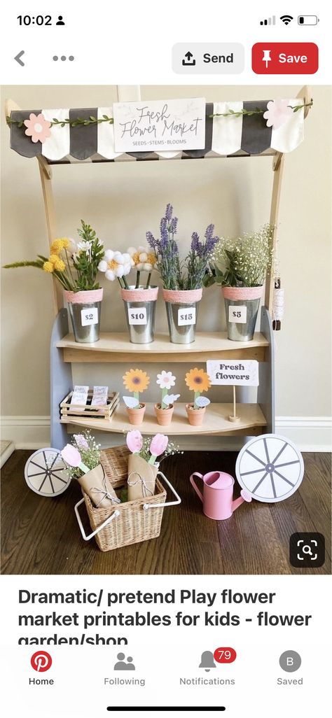 Florist Dramatic Play, Kid Flower Stand, Kids Flower Market Stand, Kids Flower Market, Flower Dramatic Play Preschool, Kids Flower Stand, Diy Kids Market Stand, Flower Shop Pretend Play, Diy Market Stand Kids