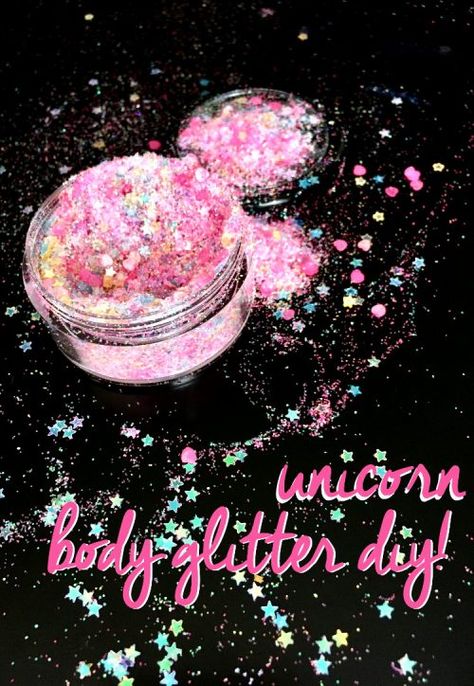 Learn how to make your own DIY unicorn body glitter to wear to summer festivals and parties! Probably one of the easiest things you'll make this year, this super sparkly unicorn body glitter is made with a combination of iridescent fine rainbow colored glitter and heart and star spangles. Body Glitter Recipe, Homemade Body Glitter, Face Glitter Diy, Diy Face Glitter Gel, Diy Body Glitter Gel, Diy Hair Glitter Gel, Diy Hair Glitter, Unicorn Soap, Rainbow Costume