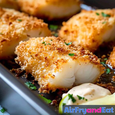 Air Fryer Cod Panko: Easy Recipe (Crispy) | AirFryAndEat Air Fryer Crispy Cod, Air Fryer Cod From Frozen, Airfryer Cod Fish, Panko Cod Air Fryer, Panko Tilapia Air Fryer, Panko Cod Recipes, Airfryer Seafood Recipes, Easy Cod Recipes Air Fryer, Cod Filets In Air Fryer