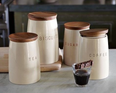 KITCHEN CANISTERS on Pinterest | Canisters, Pink Kitchens and ... Kitchen Cannisters, Canister Labels, Coffee Canister, Kitchen Canisters, Coffee Station, Kitchen Pantry, Williams Sonoma, How To Antique Wood, Kitchen Items