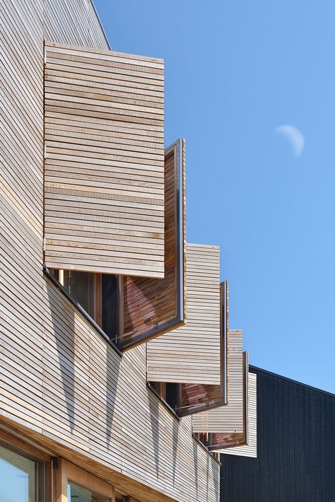 The Wood Window Shutters On This House Match The Home's Exterior So They Blend In When Closed Wood Shutters Exterior, Wooden Window Shutters, Window Shutters Exterior, Beach Studio, Modern Wooden House, Timber Frame House, House Shutters, Timber Architecture, Amsterdam Houses