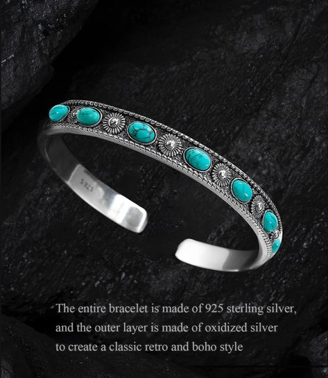 PRICES MAY VARY. Adjustable Size: This sterling silver turquoise open bangle fits 6.5 to 7.5 inches, adjust the diameter of the bangle by squeezing to fit your size Material: The whole body of the bracelet is made of solid 925 sterling silver, with an oxidation effect , inlaid with 6 natural turquoise stones, naturally occurring unique texture with a cut and polished surface to enhance its beauty Native Style: With a strong Native American style, giving this bracelet a profound Indian ethnic sig Men Native, Rodeo Jewelry, Natural Turquoise Stone, Turquoise Jewelry Native American, Native Style, Open Bangle, Turquoise Bracelet Cuff, Native American Fashion, Adjustable Bangle