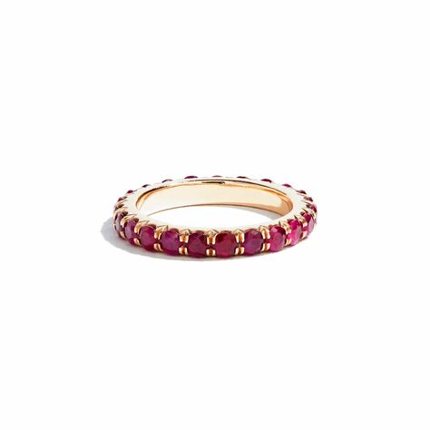 Luxury Half Eternity Ruby Ring For Wedding, Luxury Red Eternity Band Gift, Elegant Red Ruby Eternity Band, Luxury Ruby Eternity Band As A Gift, Elegant Red Round Eternity Band, Elegant Red Round Cut Eternity Band, Luxury Stackable Ruby Jewelry, Elegant Ruby Eternity Band, Elegant Red Gemstone Eternity Band