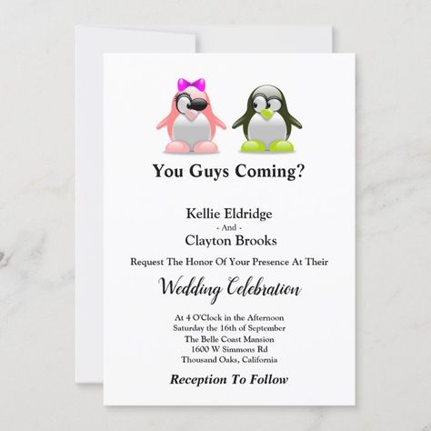 Penguin Invitations, Wedding Invitations Black, Black Wedding Invitation, Funny Penguin, Funny Wedding Invitations, Penguins Funny, Black And White Wedding Invitations, Black Wedding Invitations, Rsvp Postcard