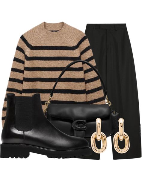 Striped sweater, coach bag, winter outfit Black And Brown Striped Sweater Outfit, Beige Striped Sweater Outfit, Tan And Black Striped Sweater Outfit, Brown And Black Striped Sweater Outfit, Brown Pullover Outfit, Black And White Striped Sweater Outfit, Tan Sweater Outfit, Brown And Black Striped Sweater, Brown Striped Sweater