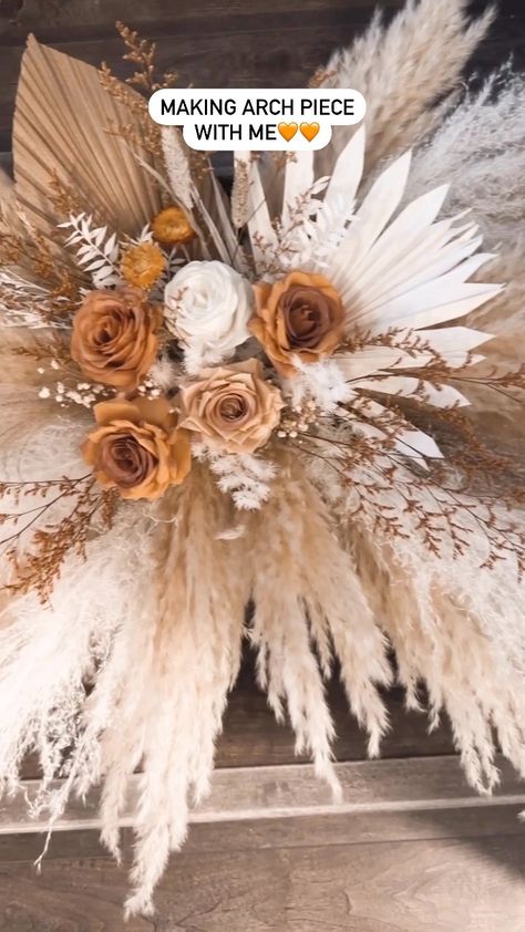 Pampas Outlet 𝐻𝒾 𝐼’𝓂 𝐼𝓇𝑒𝓃𝑒 || Pampas & dried flowers on Instagram: “Making arch piece with dried florals, faux roses and dried pampas🤎🤎 . . . . . #archpiece #weddingarch #weddingarches #weddingarbor…” Diy Pampas Arch Arrangement, Pampas Grass Wedding Arch Diy, Pampas Grass Wall Arrangement, Diy Pampas Grass Arrangement, Grass Centerpiece, Diy Wedding On A Budget, Diy Bridal Bouquet, Head Table Wedding, Dried Pampas