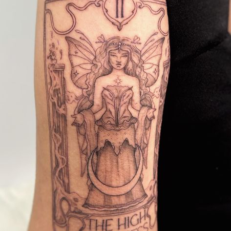 the high priestess~ a symbol of intuition and the feminine divine ꩜༄•.𖦹 The High Priestess Tattoo, High Priestess Tarot Tattoo, High Priestess Tattoo, Priestess Tattoo, Divine Tattoo, Feminine Divine, The High Priestess, High Priestess, A Symbol