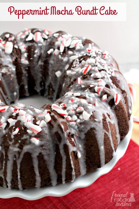 Inspired by a favorite holiday coffee drink, this chocolaty & moist Peppermint Mocha Bundt Cake is sure to be a crowd-pleaser this holiday season. Peppermint Mocha Bundt Cake, Mocha Bundt Cake, Mint Ganache, Holiday Coffee Drinks, Dessert List, Ganache Glaze, Super Moist Chocolate Cake, Dessert Cravings, Peppermint Recipes