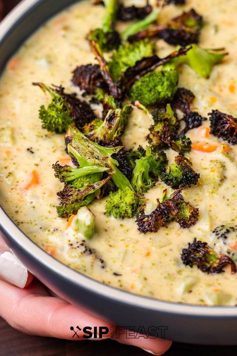 Tasty Broccoli Cheddar Soup, Roasted Broccoli Cheddar Soup, Burnt Broccoli, Potato Broccoli Cheddar Soup, Cauliflower Cheddar Soup, Broccoli Carrot, Feast Recipes, Sip And Feast, Cream Soups