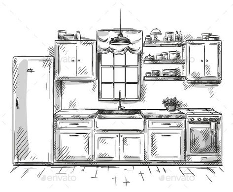 Kitchen Interior Drawing, Sink Drawing, Interior Drawing, Kitchen Background, Kitchen Drawing, Furniture Design Sketches, Drawing Interior, Interior Architecture Drawing, Interior Design Drawings