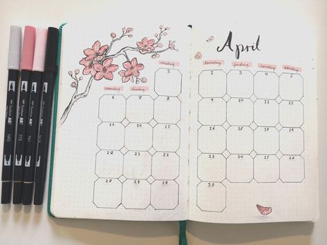 Bulett Journal Ideas April, Bujo Cherry Blossom Theme, April Bullet Journal Calendar, Cherry Blossom Bujo, Cherry Blossom Bullet Journal, Cherry Blossom Journal, Bullet Journal April, Daily Bullet Journal, April Bullet Journal