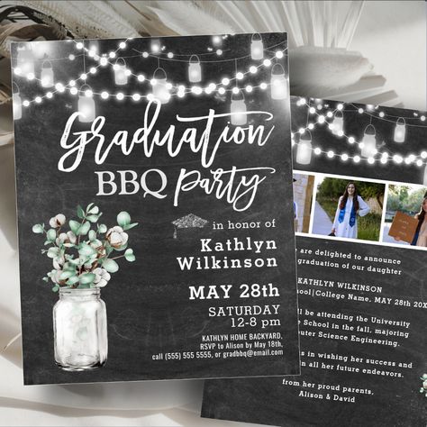 Graduation Bbq Party, Eucalyptus Photo, Graduation Bbq, Chalkboard Mason Jars, Bbq Party Invitations, Bbq Invitation, Eucalyptus Greenery, Graduation Announcement, Bbq Party