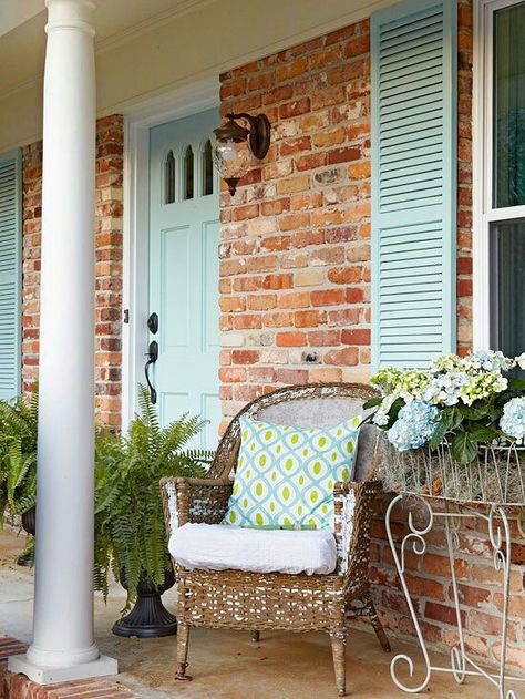 Aqua shutters & door <3 Aqua Shutters, 1930 House, Cosy Corners, Orange Brick, Blue Shutters, Brick Ranch, Brick Exterior, Exterior Renovation, Red Brick House