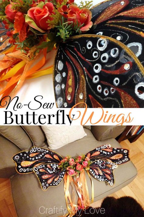 DIY now-sew monarch butterfly wings that can also be used for a fairy Halloween costume. You can make them probably solely from things you have at home! Click for a detailed step by step tutorial. #craftifymylove #butterflywings #fairywings #DIYhalloweencostume #lastminute via @CML_Habiba Tulle Halloween Costumes, Butterfly Wings Diy, Wings Costume Diy, Diy Butterfly Costume, Monarch Butterfly Costume, Monarch Butterfly Wings, Butterfly Halloween Costume, Fairy Halloween Costume, Butterfly Wings Costume