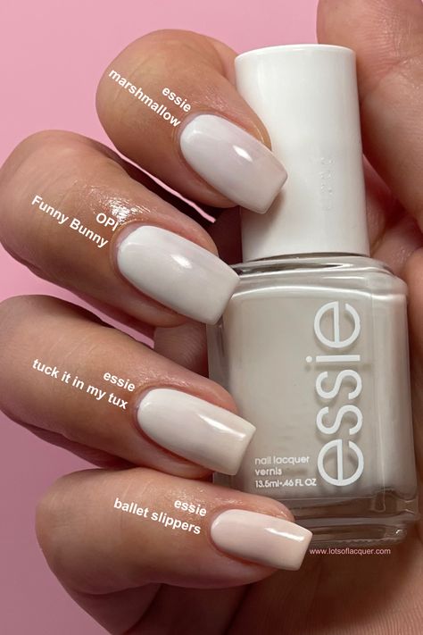 Essie Tuck It In My Tux Nails, White Nail Polish On Brown Skin, Pedicure Funny Bunny, Essie Marshmallow Nails, Essie Funny Bunny, Nail Polish White, Off White Nail Polish, Sheer White Nail Polish, Opi White