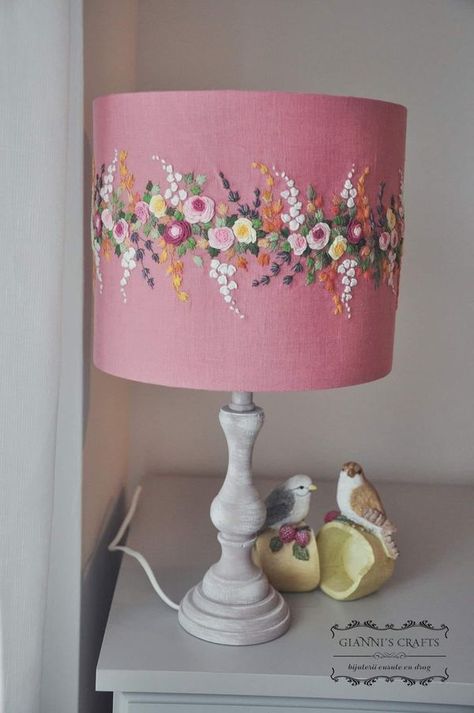 Everything Vintage And Shabby | My hand embroidery on a lampshade | Facebook Embroidered Lampshade Diy, Lampshade Embroidery, Embroidered Lamp Shade, Embroidery Lamp, Embroidered Lampshade, Embroider Ideas, Floral Lampshade, Colorful Room Decor, Diy Crafts For Girls