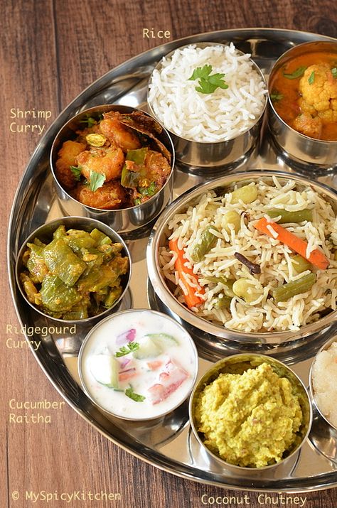 Simple Telugu Bhojanam ~ Telugu Thali from Telangana - is a spread of everyday meal from South Indian state of Telangana.  #TelanganaThali #TeluguMeal #MySpicyKitchen Indian Thali, Flavored Rice, Veg Dishes, Indian Kitchen, India Food, South Indian Food, Lunch Menu, Indian Food Recipes Vegetarian, Indian Cooking