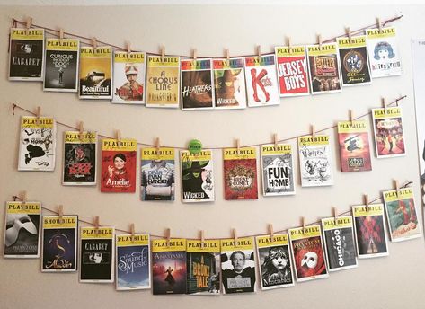 Here's my updated #playbill wall 😎💛 @playbill #broadway #musicaltheatre Playbill Wall, Playbill Display Ideas, Playbill Decor, Playbill Display, Broadway Themed Room, Broadway Bedroom, Drama Classroom, Broadway Theme, Theatre Classroom