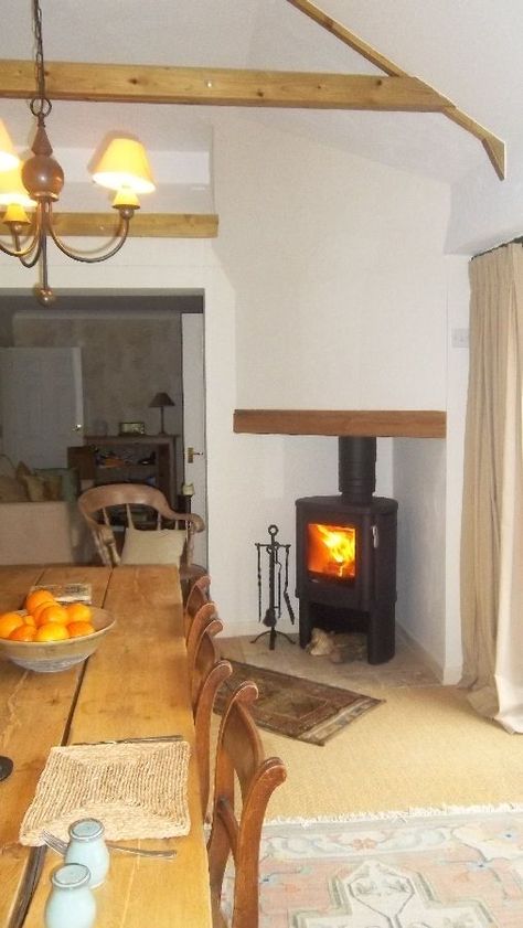 Corner Log Burner Ideas Living Room, Corner Woodburner, Wood Burning Table, Corner Log Burner, Wood Burning Stove Corner, Corner Wood Stove, Corner Stove, Wood Burning Stoves Living Room, Log Burner Living Room